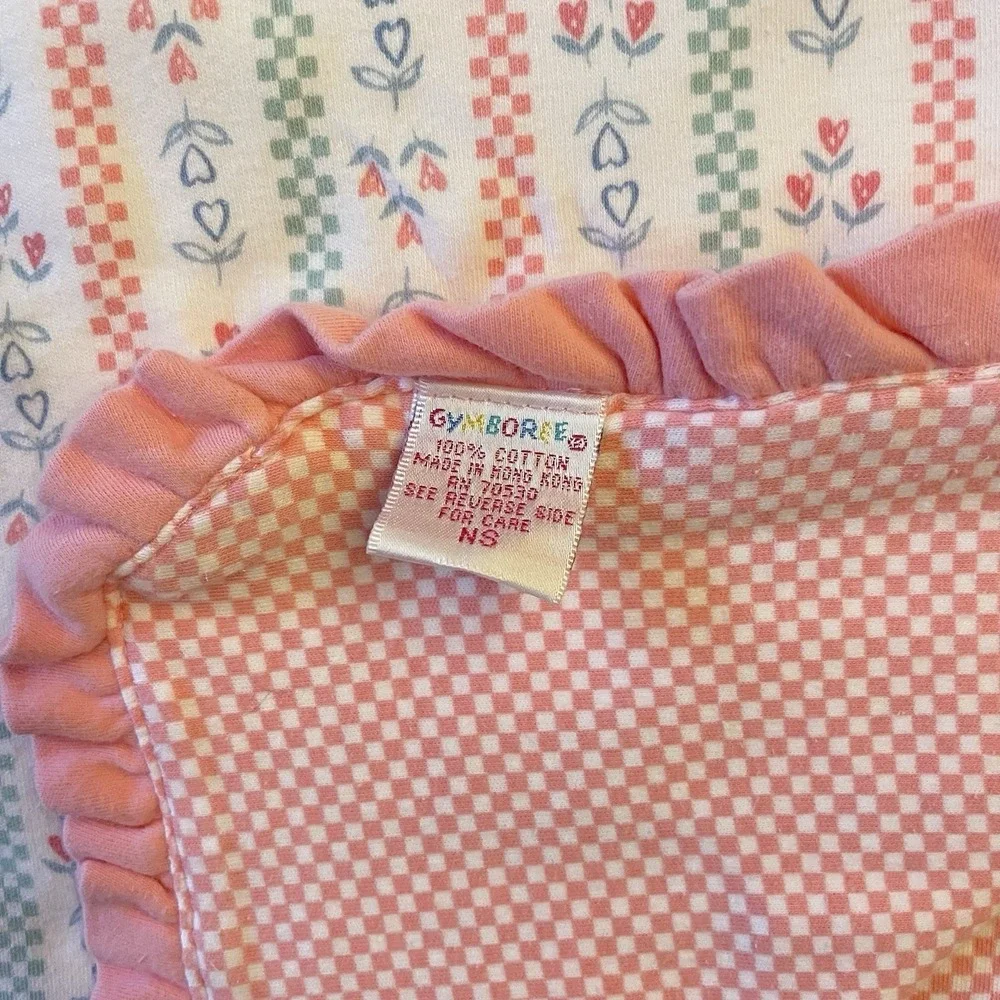 Vtg Gymboree Checkered Flowers Hearts Baby Blanket Floral Blue White Pink Ruffle